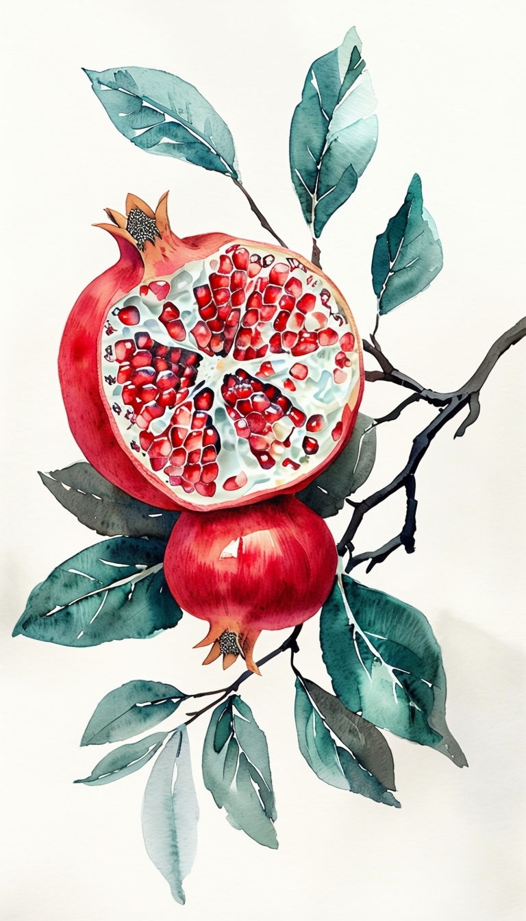 Vibrant Watercolor Pomegranate and Leaves Botanical Art