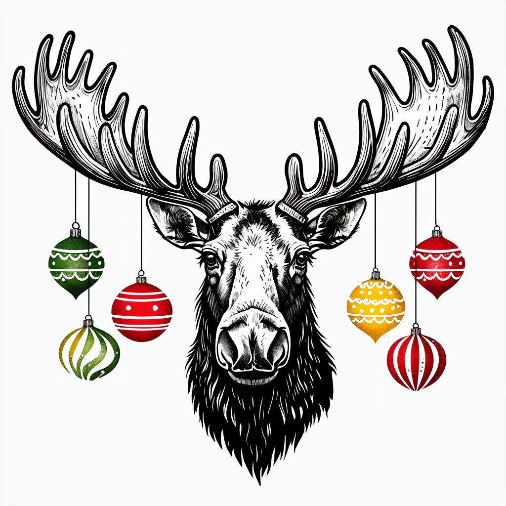 Festive Moose Head Illustration with Colorful Ornaments T-shirt