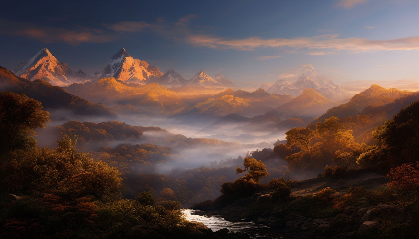 Serene Twilight Mountain Landscape Painting Virtual Background