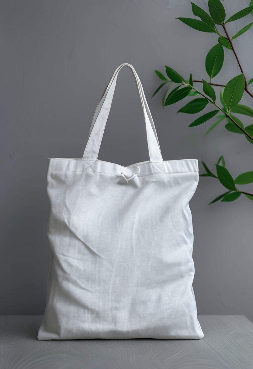 Elegant Minimalistic White Tote Bag on Gray Surface Mockup