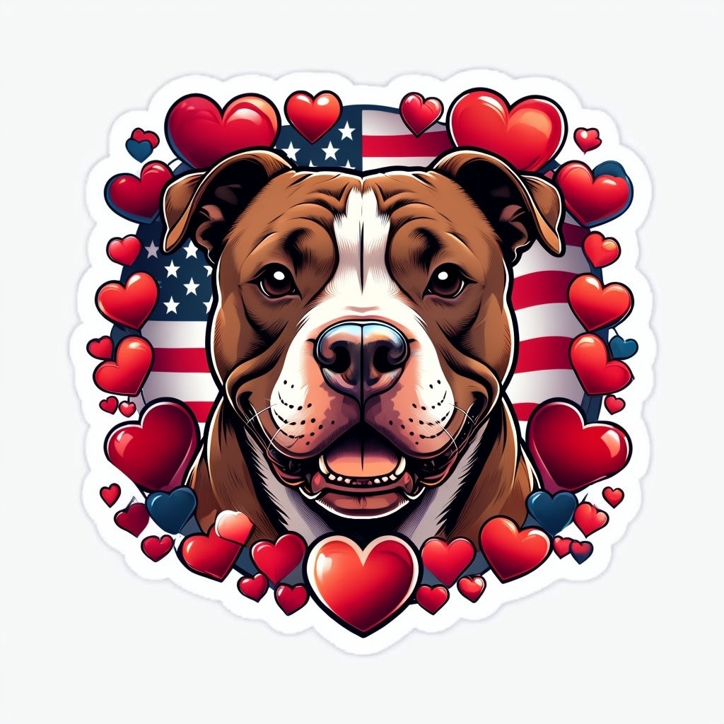 Vibrant Pit Bull with Hearts and American Flag Sticker Design