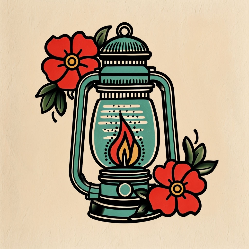 Traditional Lantern Tattoo Illustration with Red Flowers Sticker