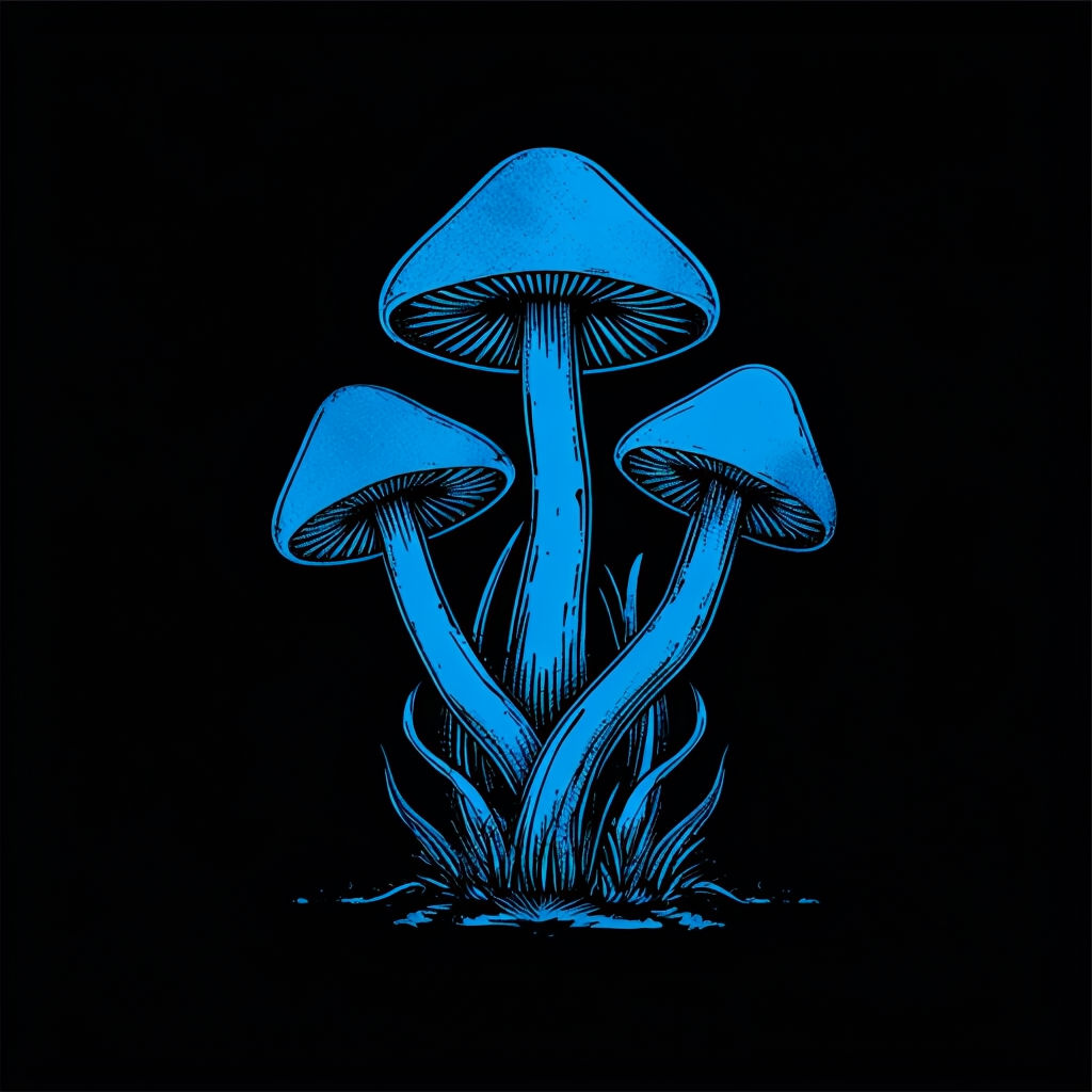 Electric Blue Mushrooms Minimalist Art on Black Background Poster