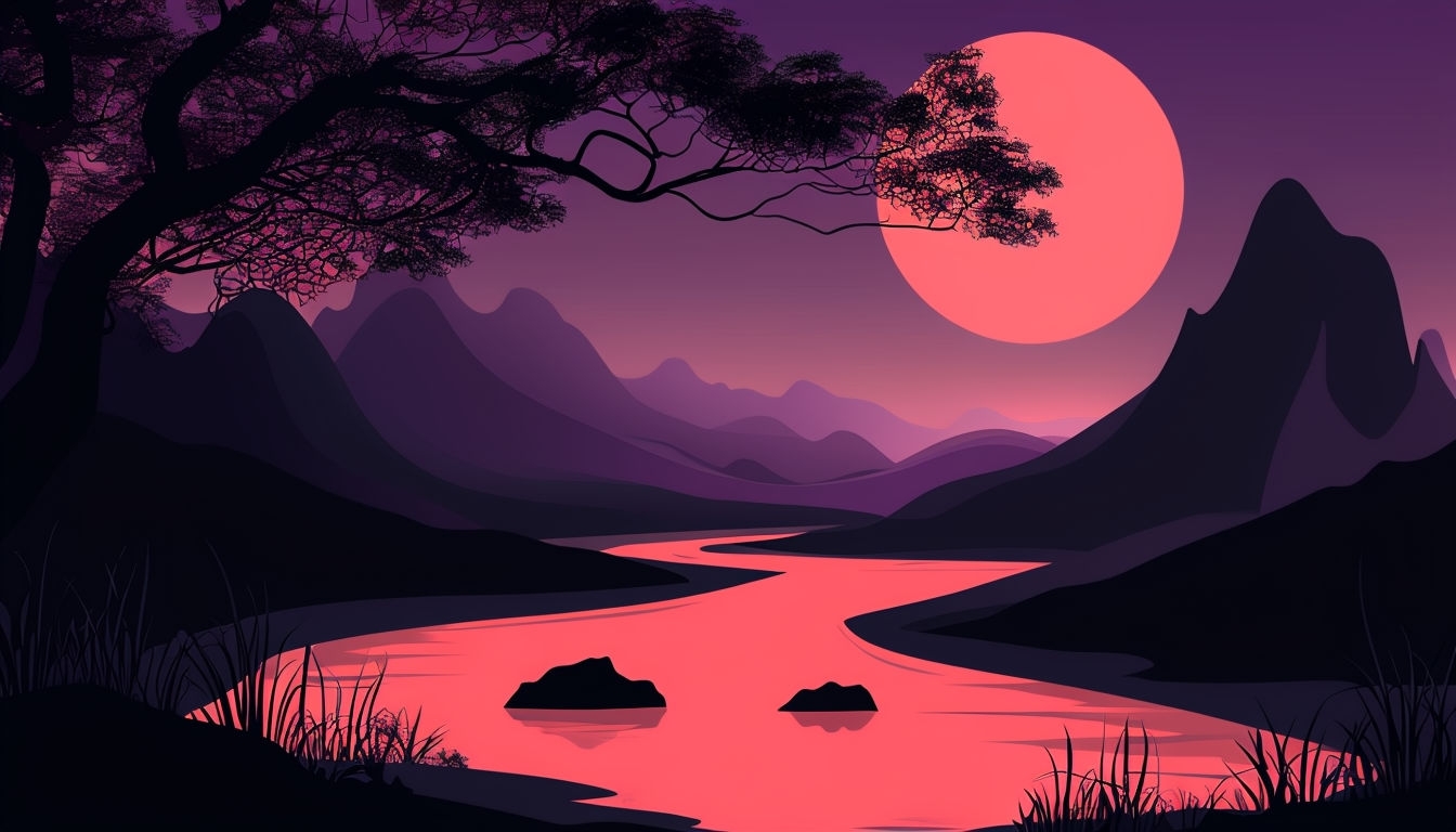 Tranquil Dusk Landscape with Coral Pink Moon Virtual Background