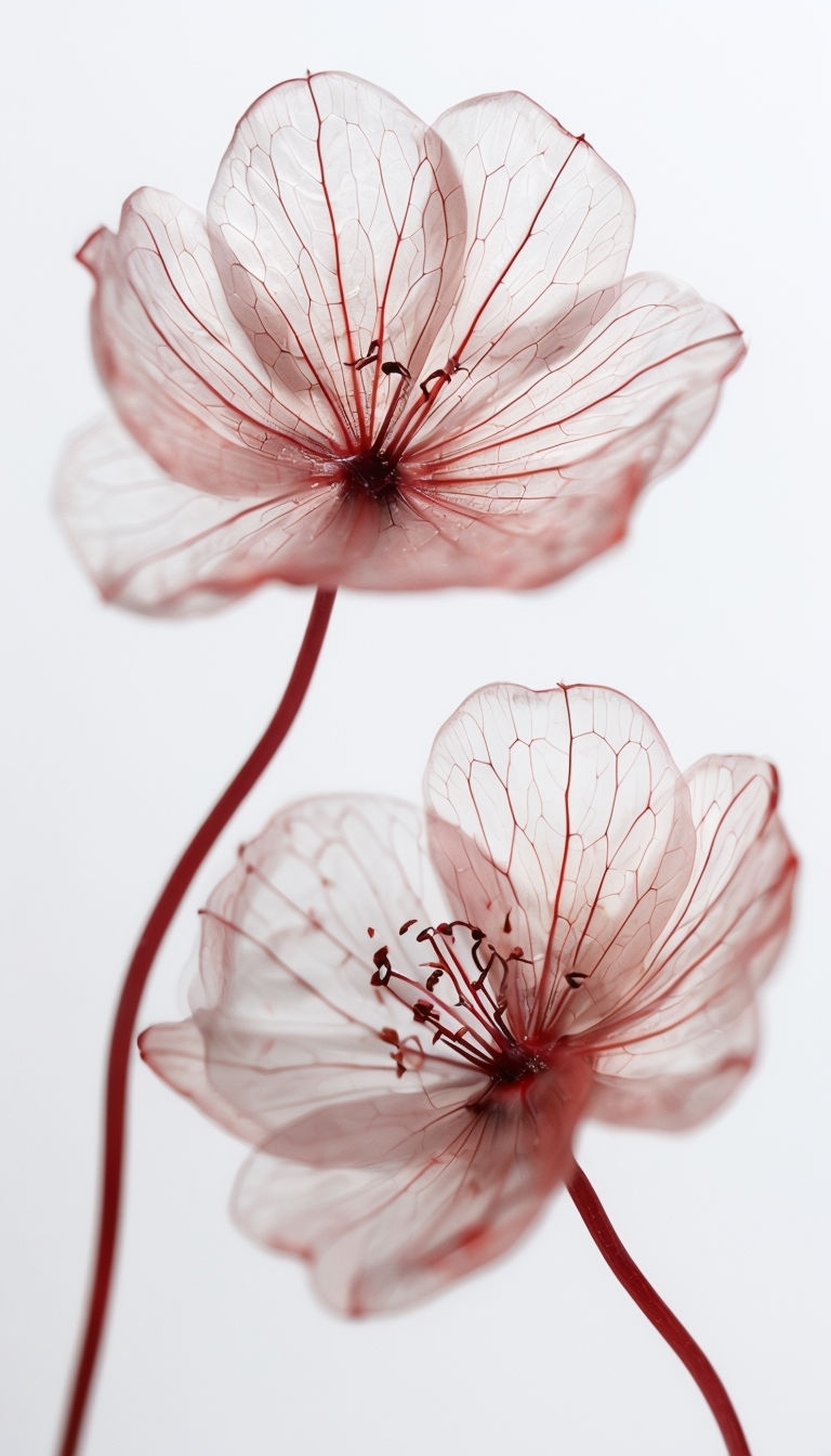 Translucent Flowers with Intricate Veining on White Background Mobile Wallpaper