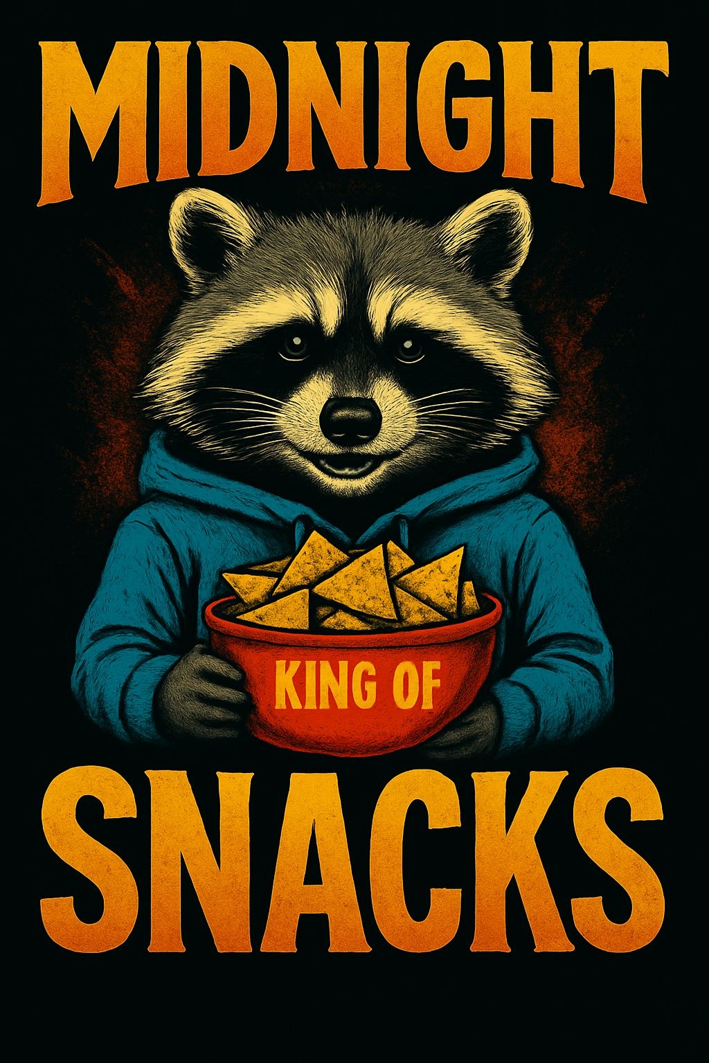 Playful Anthropomorphic Raccoon with Midnight Snacks T-Shirt