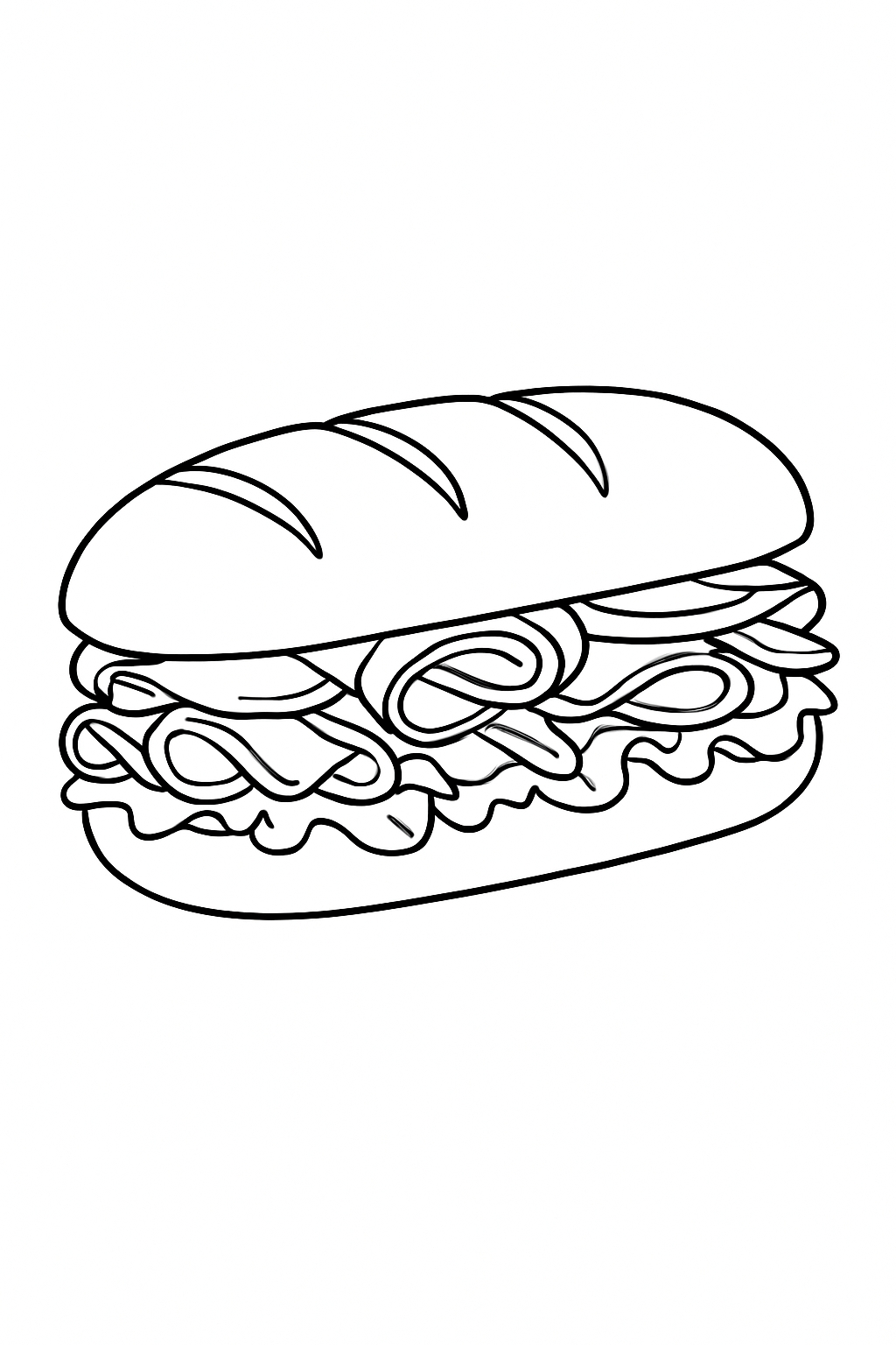 Intricate Black and White Submarine Sandwich Line Drawing Coloring Book Page