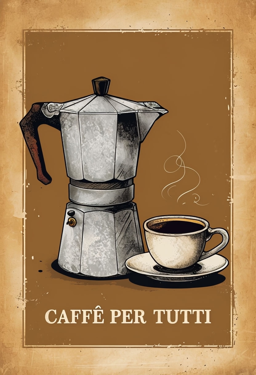 Vintage Italian Coffee Moka Pot and Espresso Cup Poster