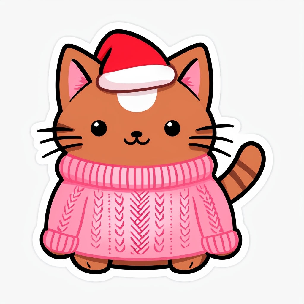 Adorable Cartoon Cat in Santa Hat and Pink Sweater Sticker