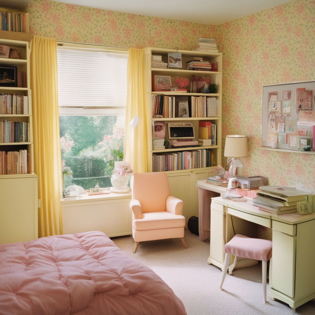 1980s teen girls bedroom with pastel yellow floral wallpaper... by Leah