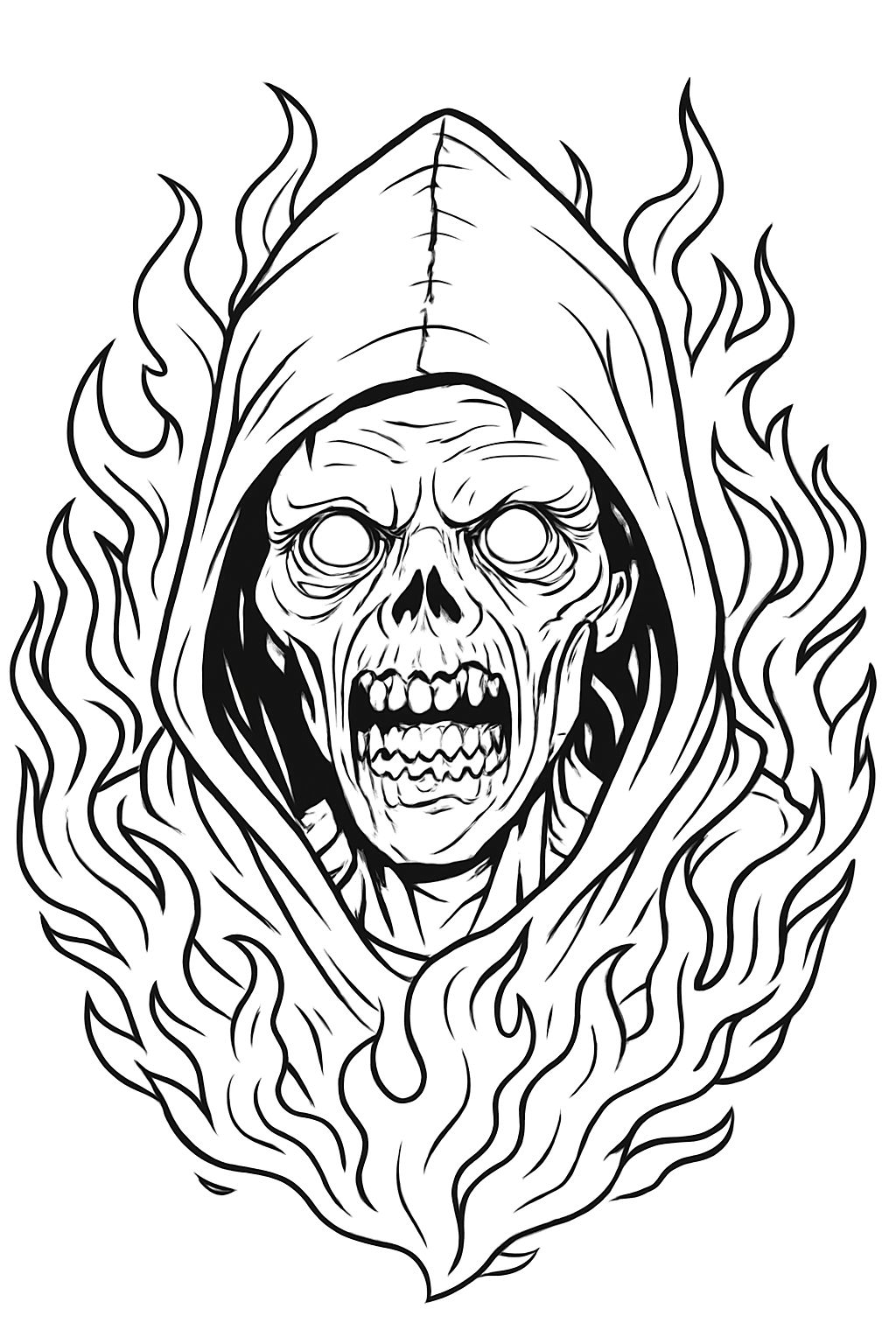 Sinister Skeletal Figure with Flames Black and White Coloring Page