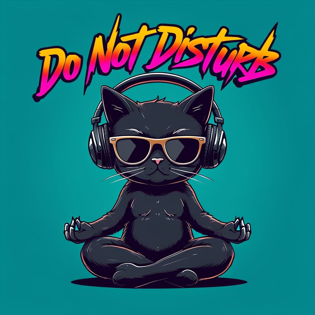 Sassy Black Cat with Headphones and Do Not Disturb Text Poster