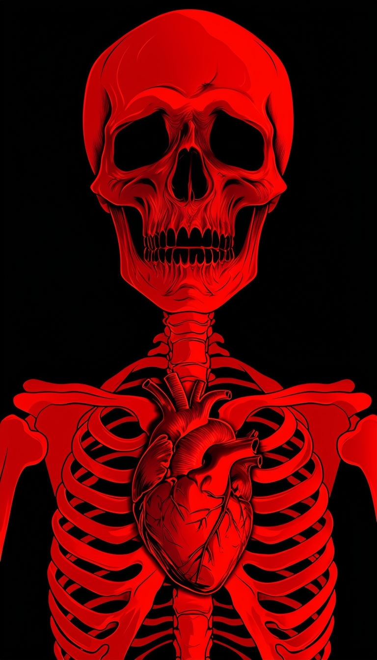 Glowing Red Skeletal Anatomy with Heart Digital Art Illustration