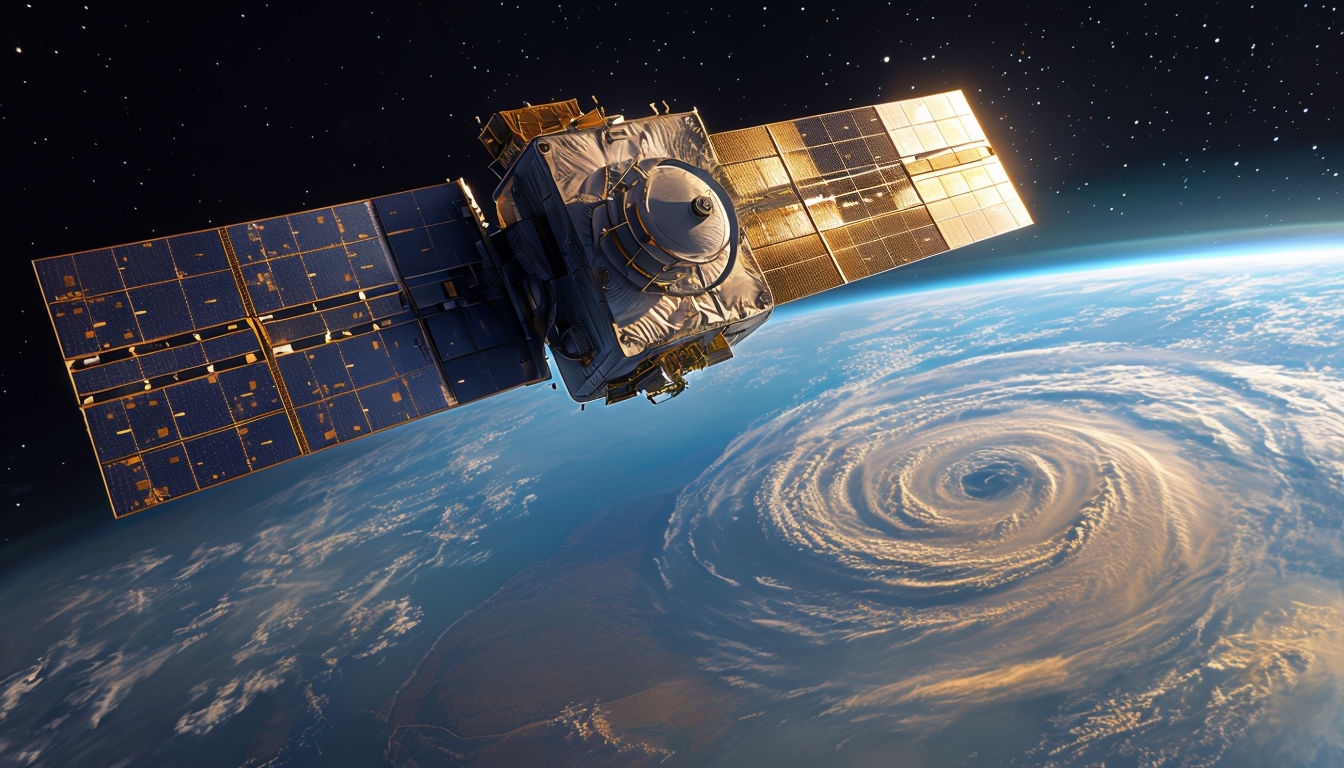 Stunning Satellite Orbiting Earth with Cyclone in Space Background