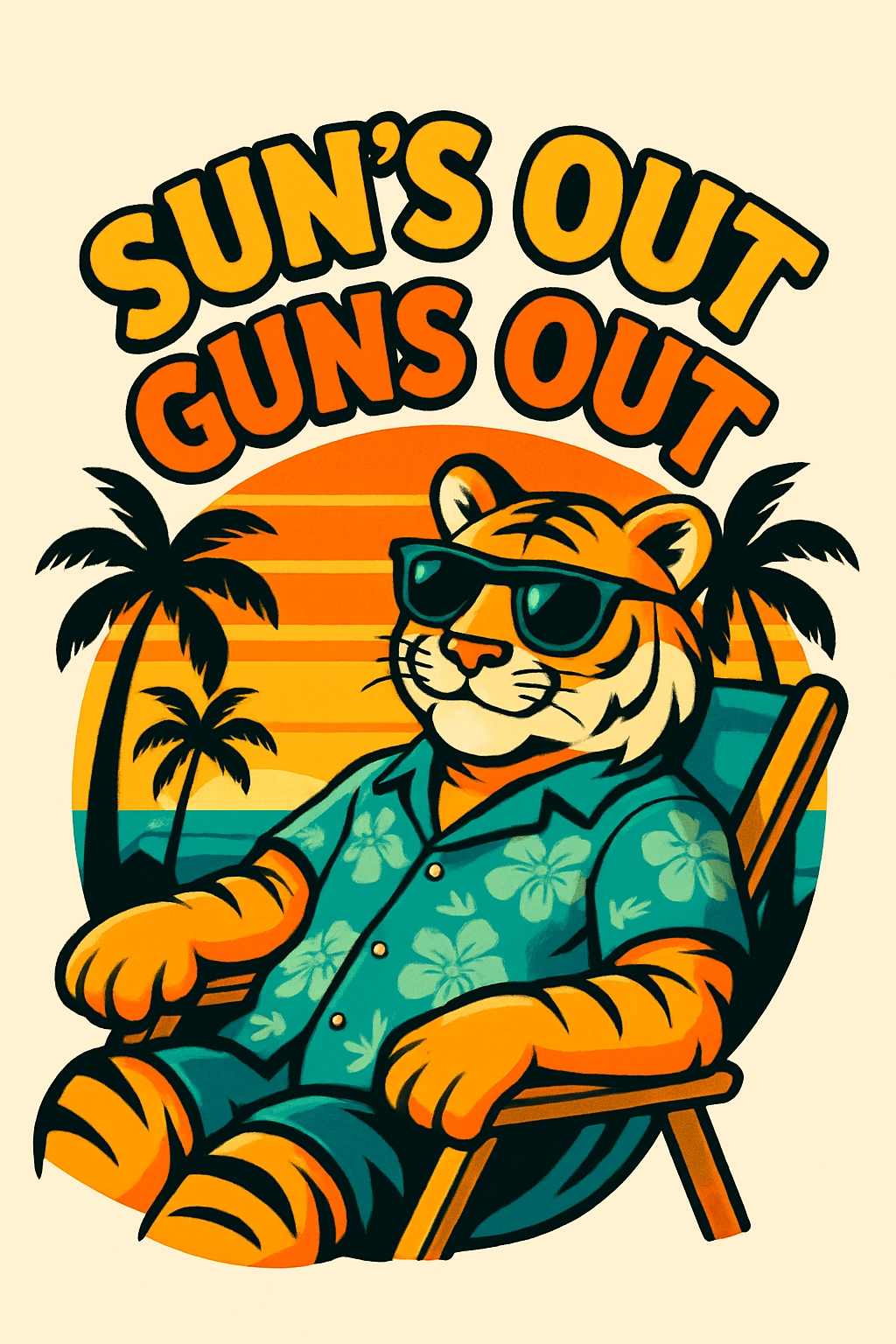 Vibrant Cartoon Tiger Relaxing with 'Sun's Out Guns Out' T-Shirt