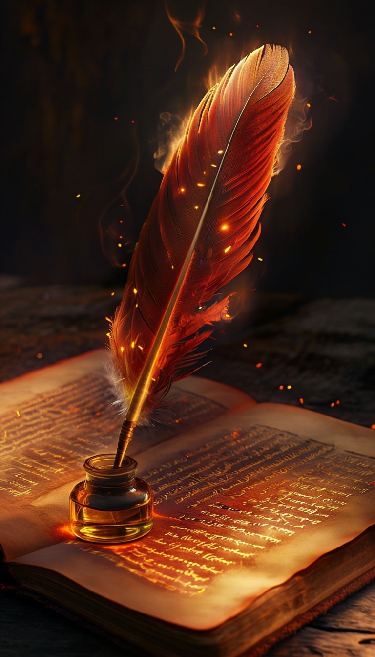 Phoenix Feather Quill beside Ancient Book with Golden Ink Mobile Wallpaper