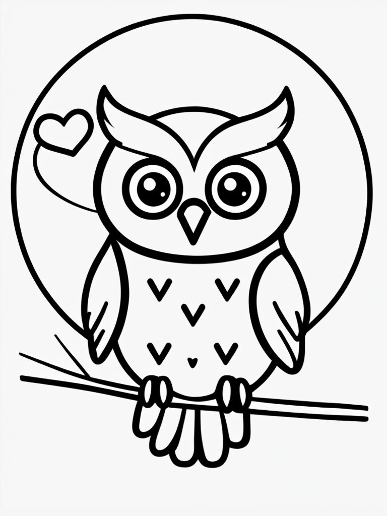 Charming Cartoon Owl on a Branch Black and White Illustration Coloring Book Pages