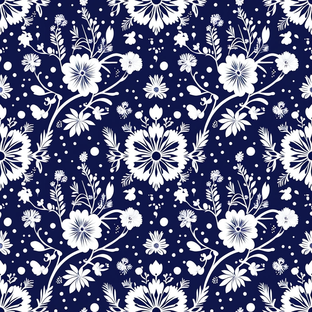 Intricate Floral Navy Blue and White Seamless Pattern Design