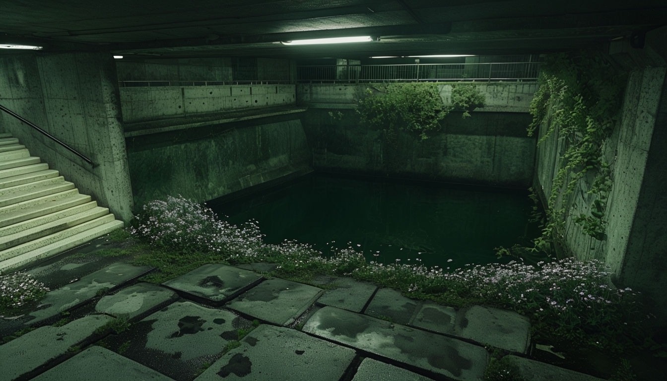 Eerie Underground Parking Garage with Overgrown Vegetation Background