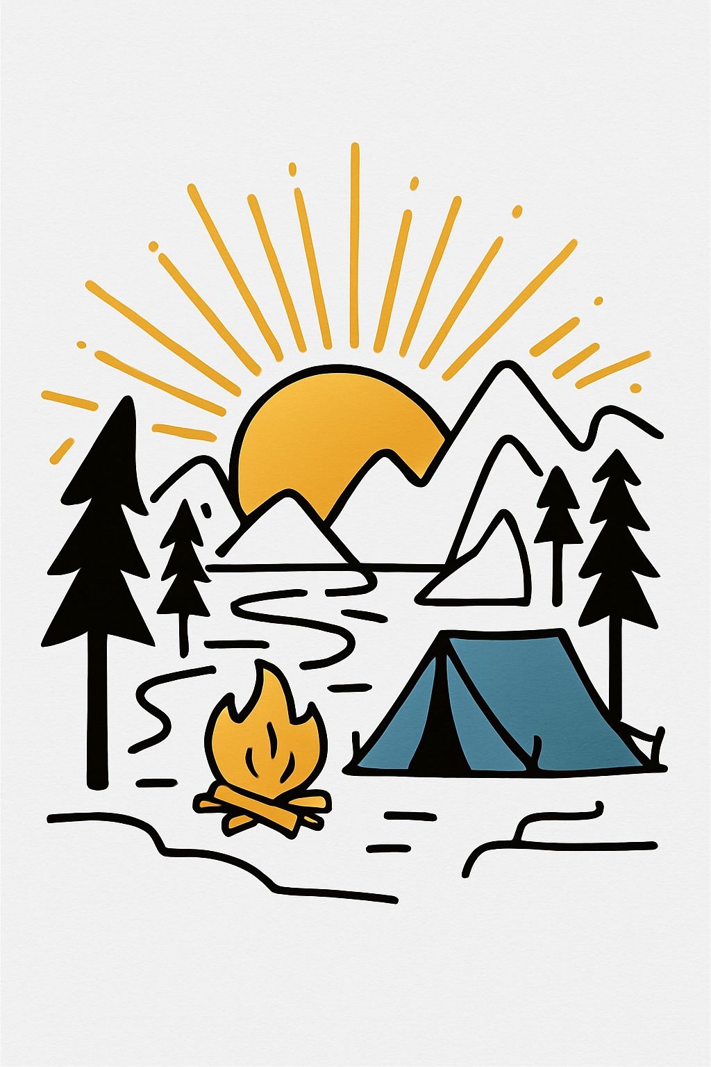 Minimalist Camping Scene with Sunrise Illustration T-Shirt