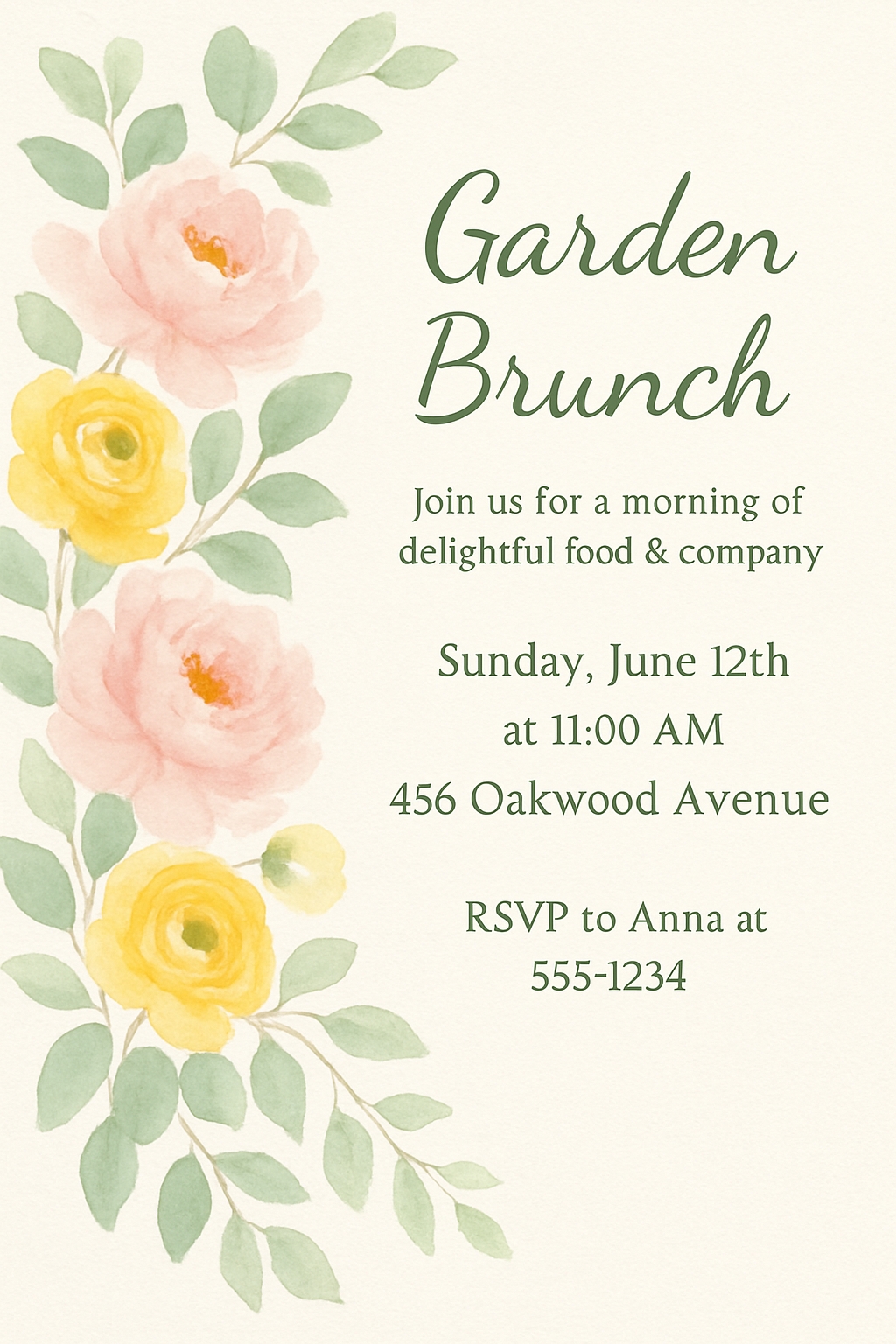 Elegant Watercolor Garden Brunch Invitation Card Design
