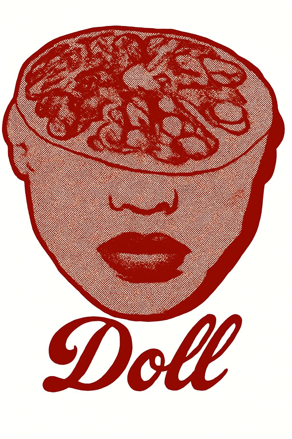 Striking Red Doll Face Woodcut Style Illustration T-Shirt