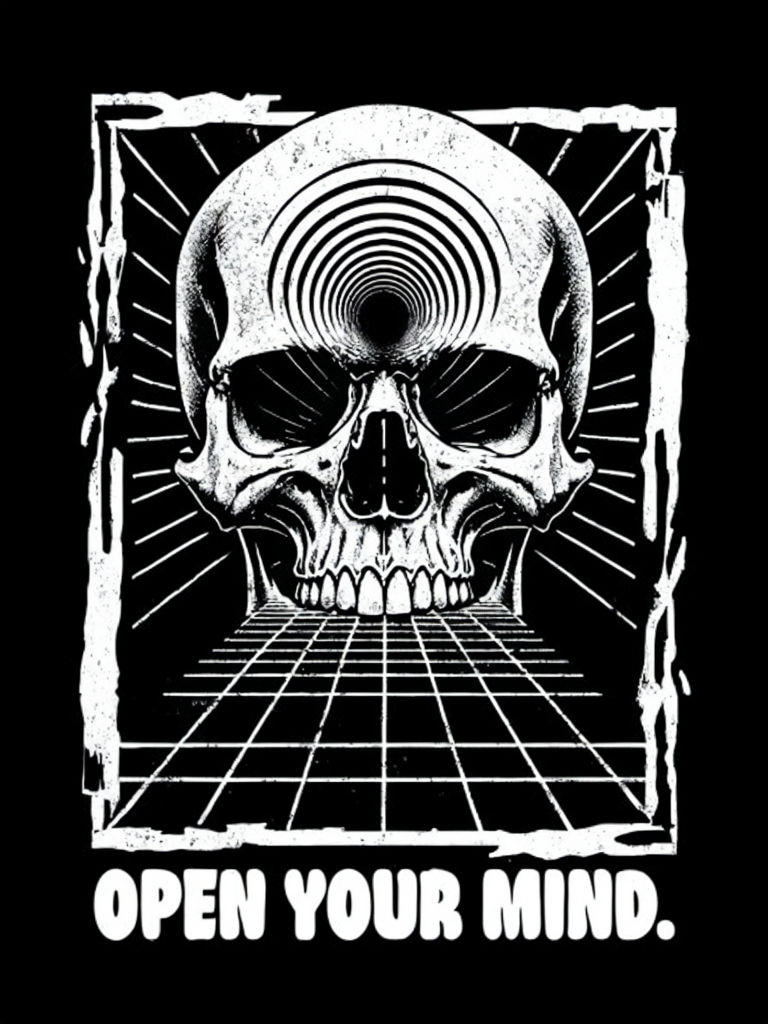 Hypnotic Black and White Skull Art with Open Your Mind Text Poster