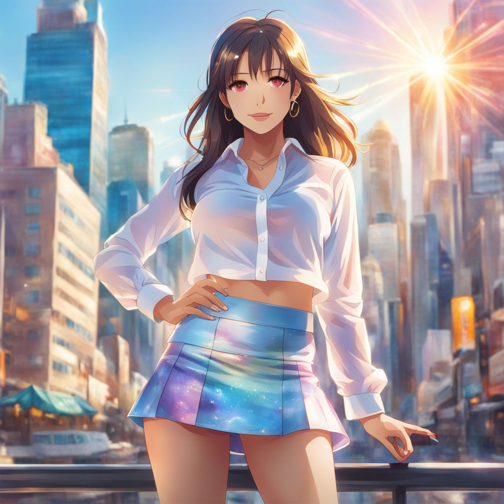 Cute anime female giantess sugestive face with large chest with over chest  shirt and short skirt standing towering the buildings