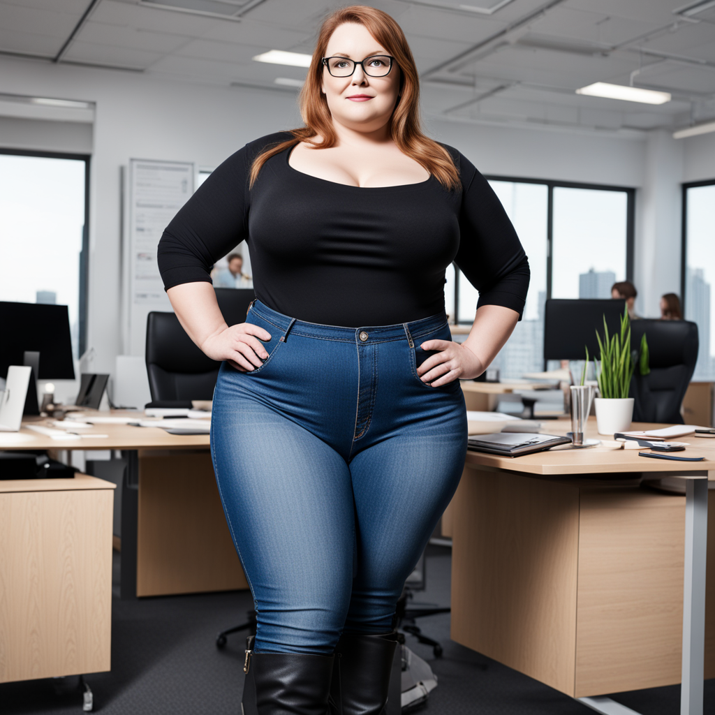 Obese woman in jeans et black top with high boots and glasse... by ...