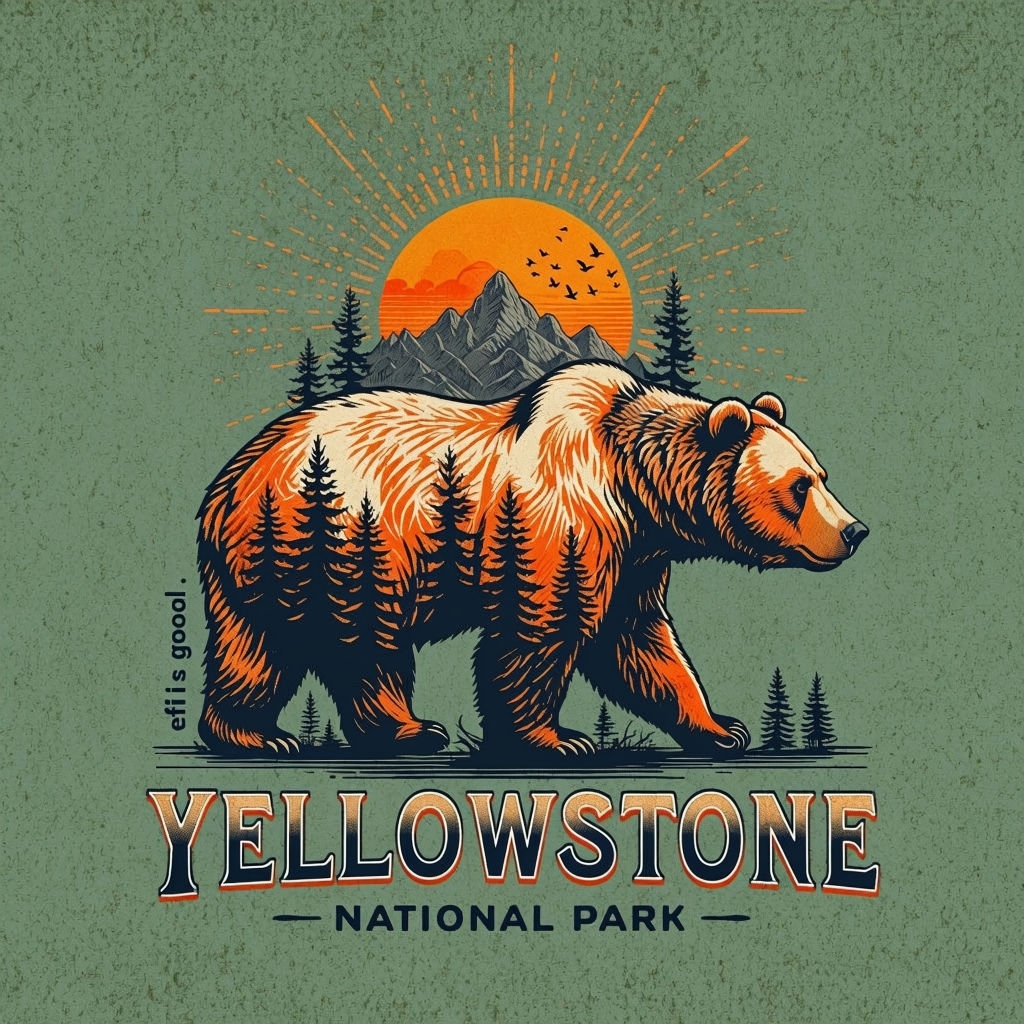 Vintage Yellowstone Grizzly Bear Adventure Art Poster