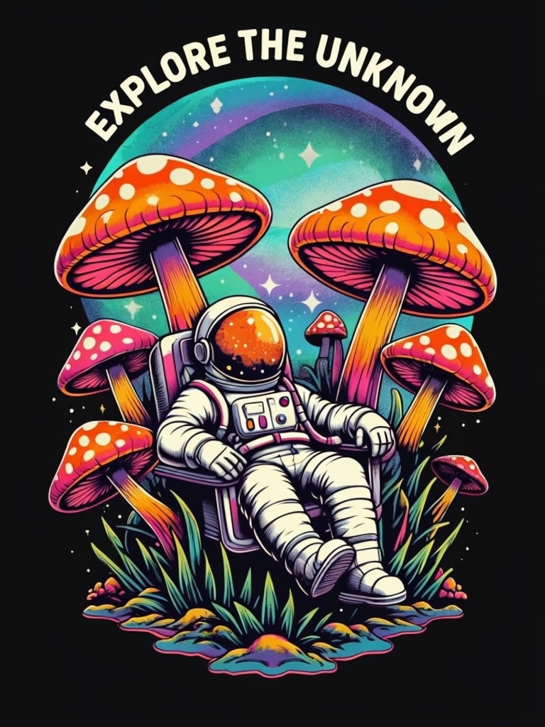 Vibrant Retro Astronaut Among Psychedelic Mushrooms T-Shirt