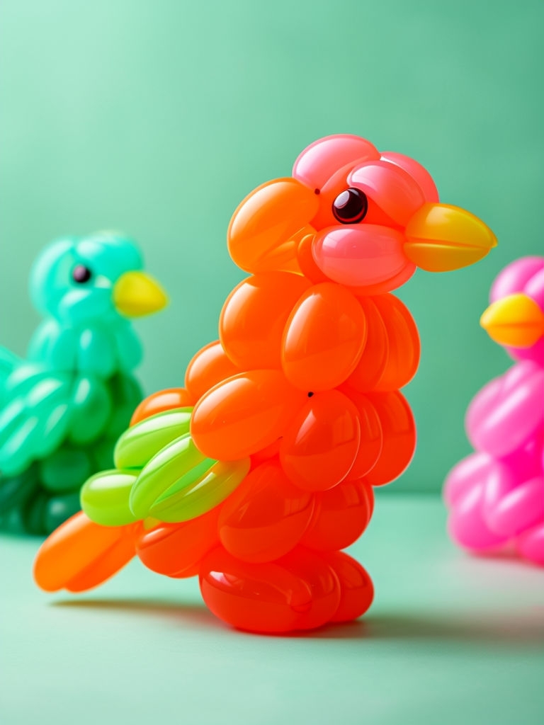 Vibrant Balloon Bird Sculptures Against Mint Background Art