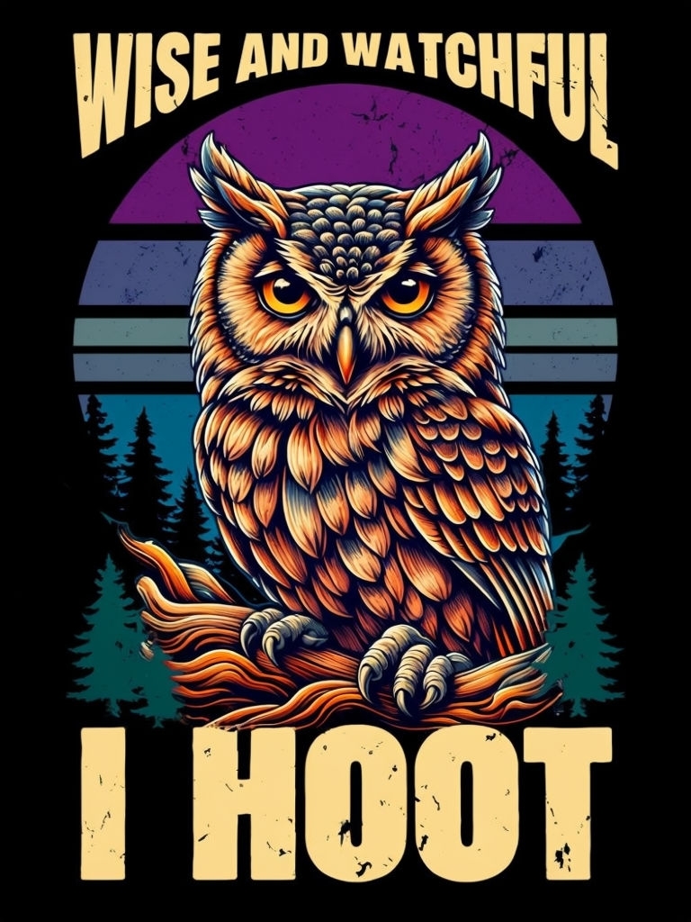 Wise and Watchful Owl with Moon Graphic T-Shirt