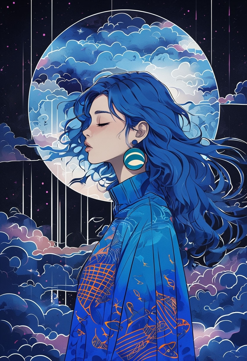 Ethereal Anime-Inspired Young Woman with Celestial Background Art