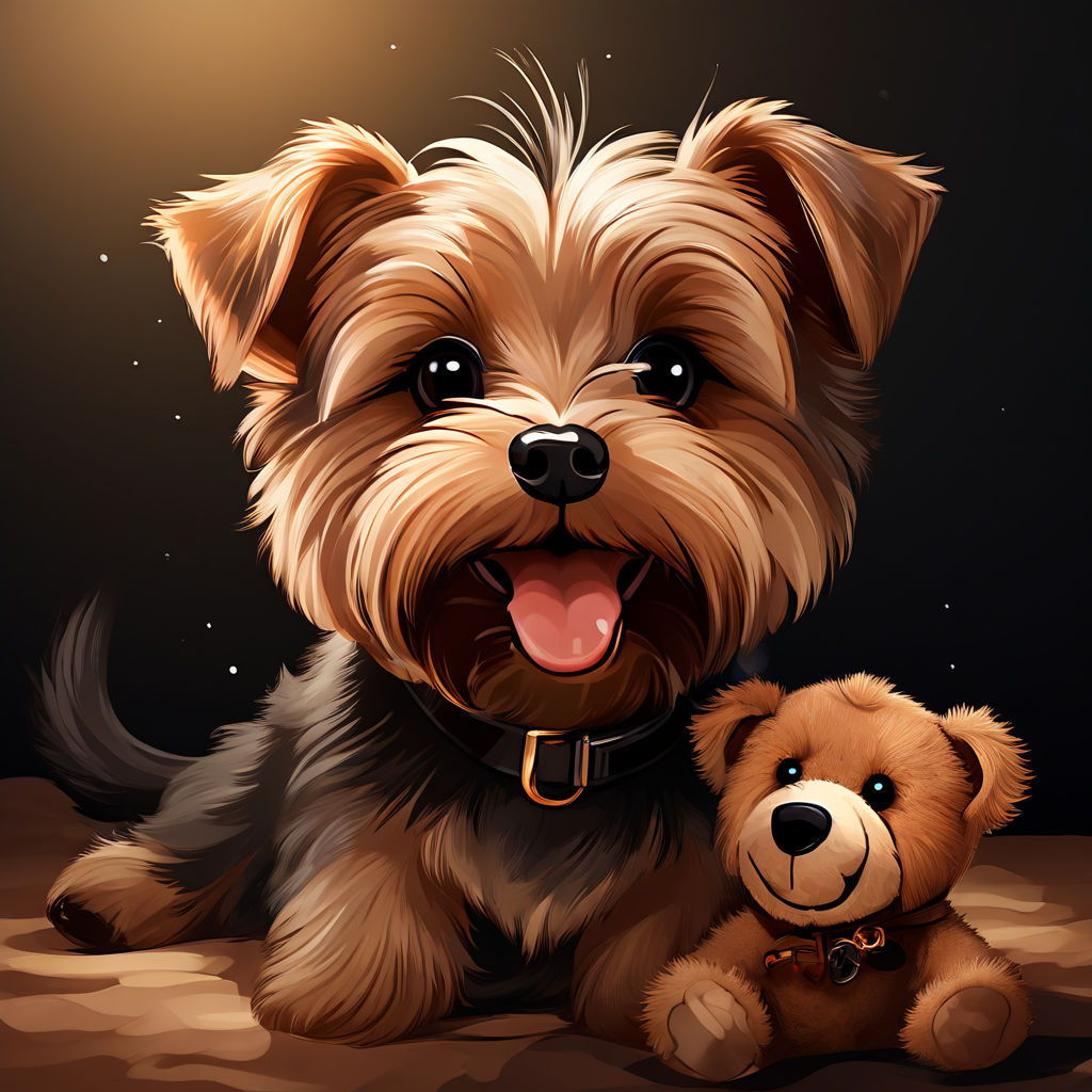 Prompt: A beutiful yorkie terrier with a teddy bear in her mouth, drown with an animated style, using beige colours (all are in an animated style). The Yorkie has all brown and shiny fur up to the head, and the back is black all the way down. The yorkie is smiling. Use toon style.