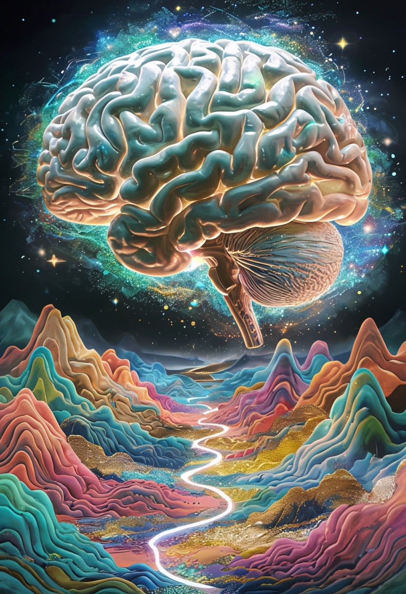 Surreal Glowing Brain Above Colorful Alien Landscape Art