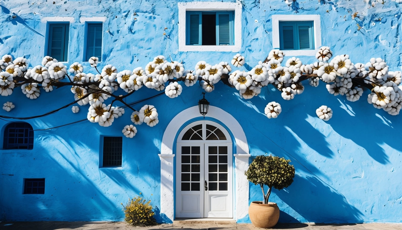 Vibrant Sky Blue Building with Floral Details for Virtual Backgrounds