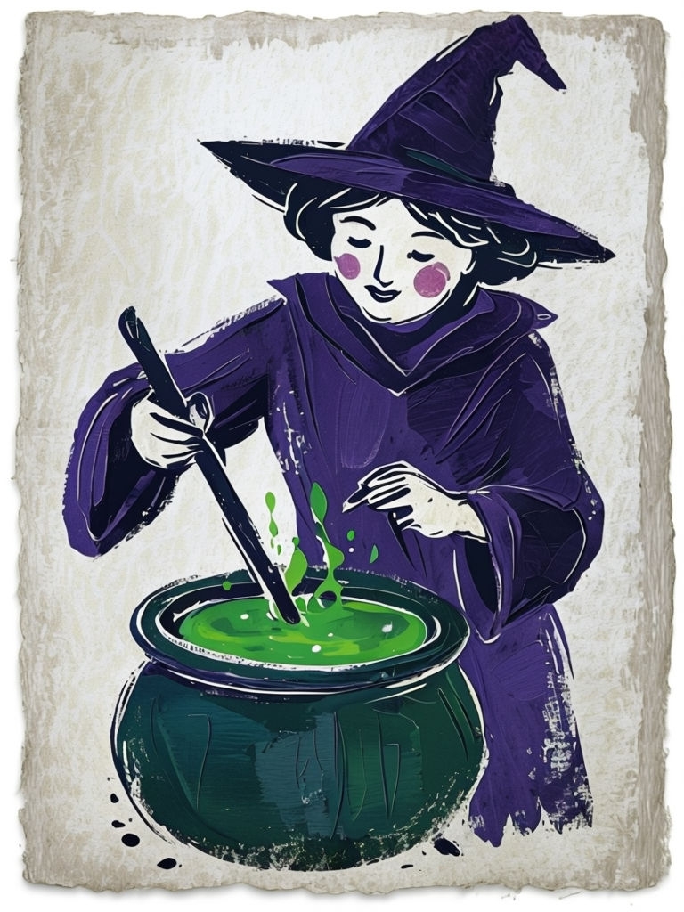 Charming Witch Stirring Cauldron in Painterly Halloween Art