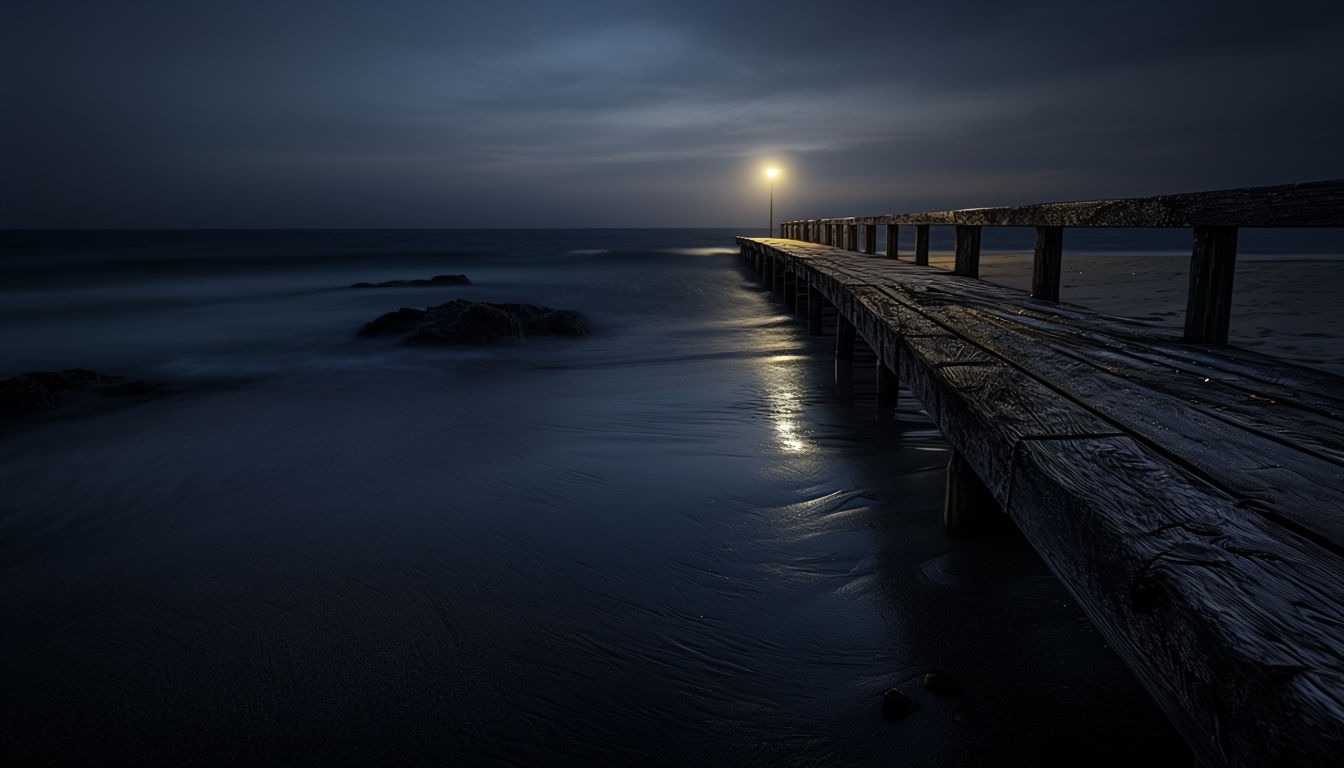 Moody Night Beach Scene with Pier and Lamp Post Virtual Background