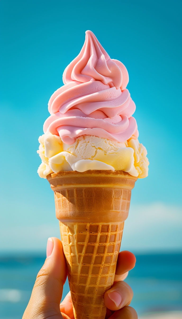 Colorful Ice Cream Cone Close-Up Against Vibrant Sky Mobile Wallpaper