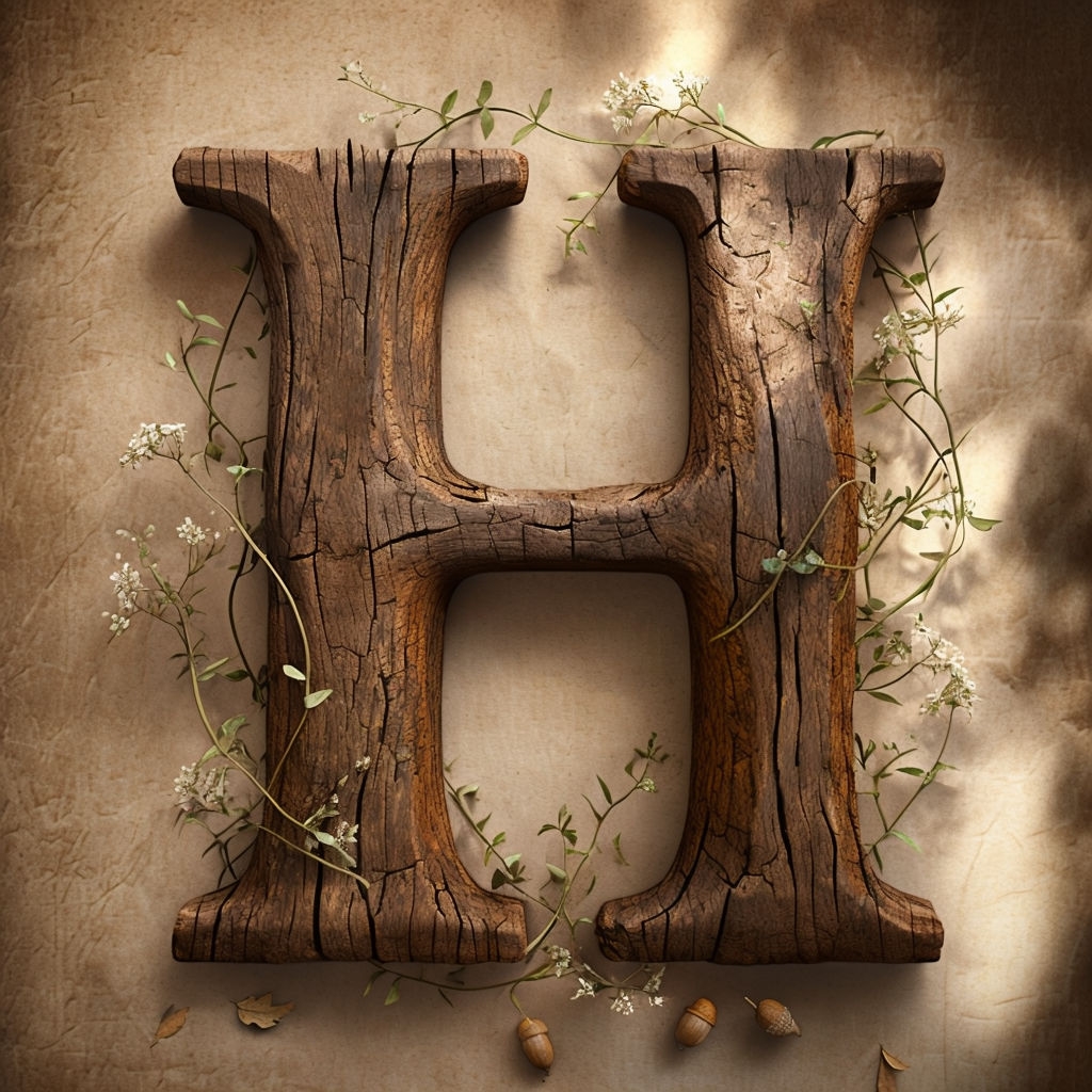 Rustic Aged Wood Letter H with Vines and Flowers Monogram