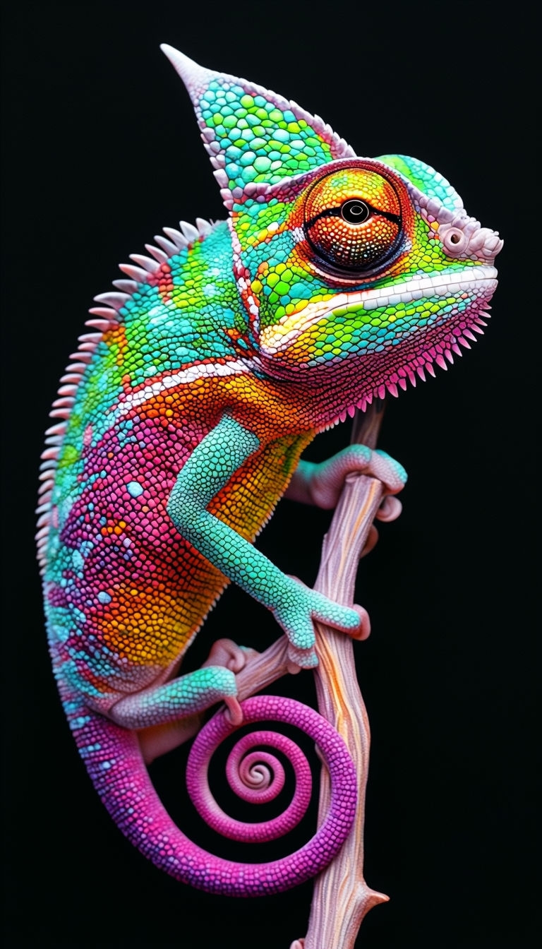 Vibrant Exotic Chameleon Portrait on Matte Black Background Mobile Wallpaper