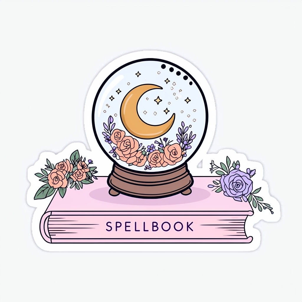 Whimsical Snow Globe with Spellbook and Floral Accents Sticker