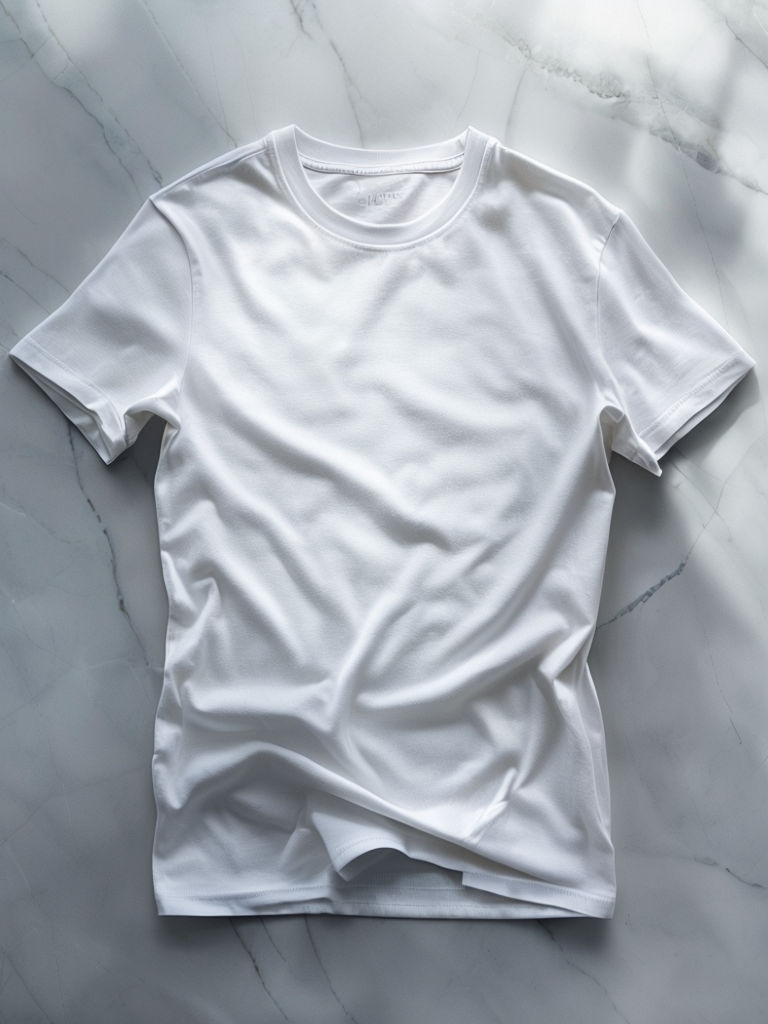 Elegant White T-Shirt on Light Grey Marble Surface Mockup