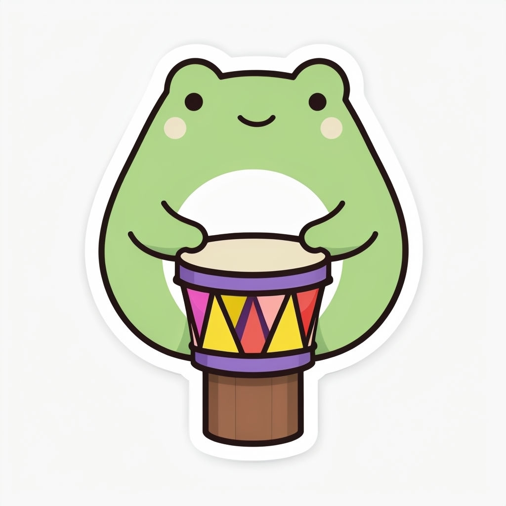 Cute Cartoon Frog Playing Drum Illustration Sticker