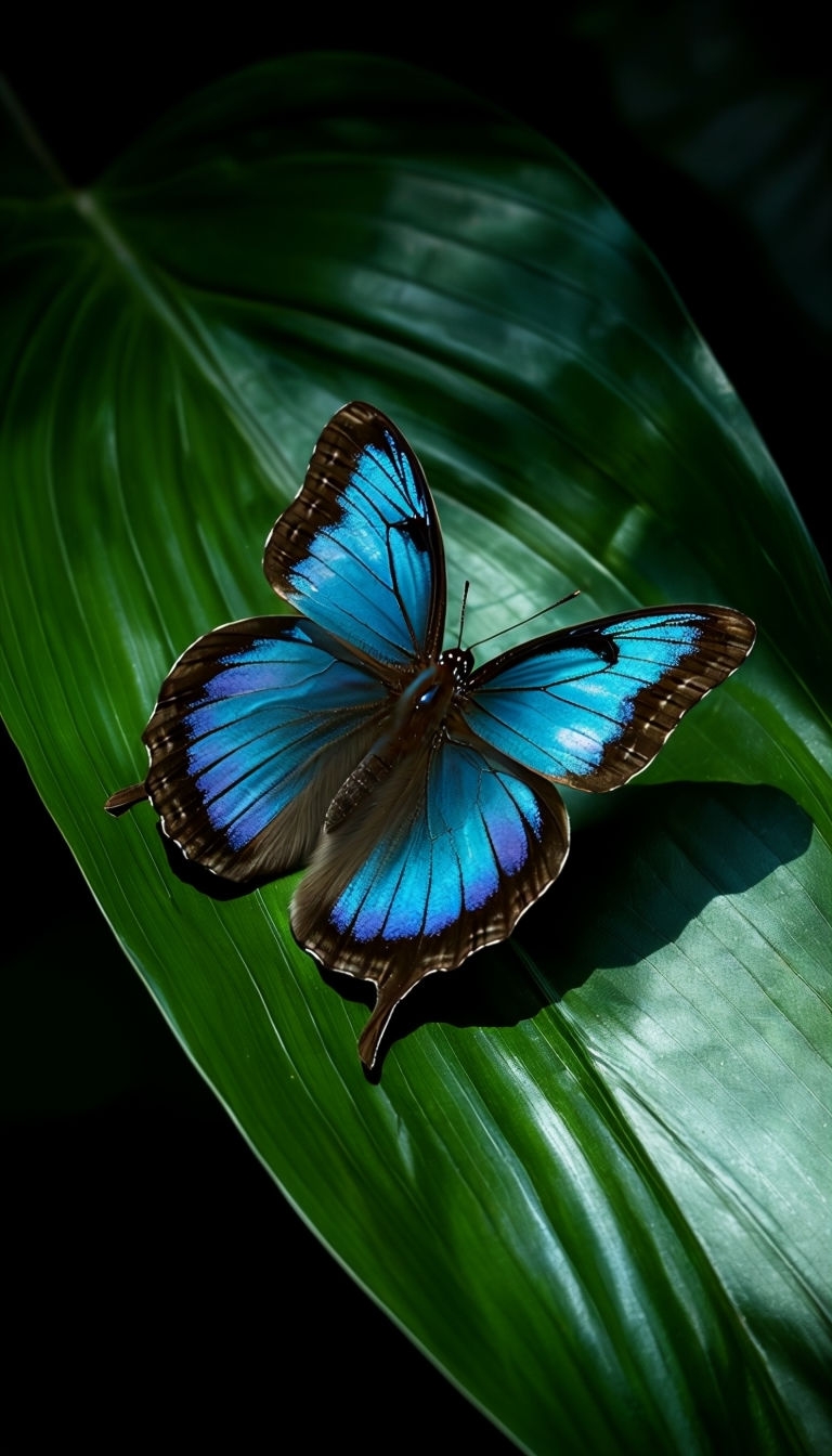 Vibrant Blue Butterfly on Green Leaf Nature Photography Mobile Wallpaper