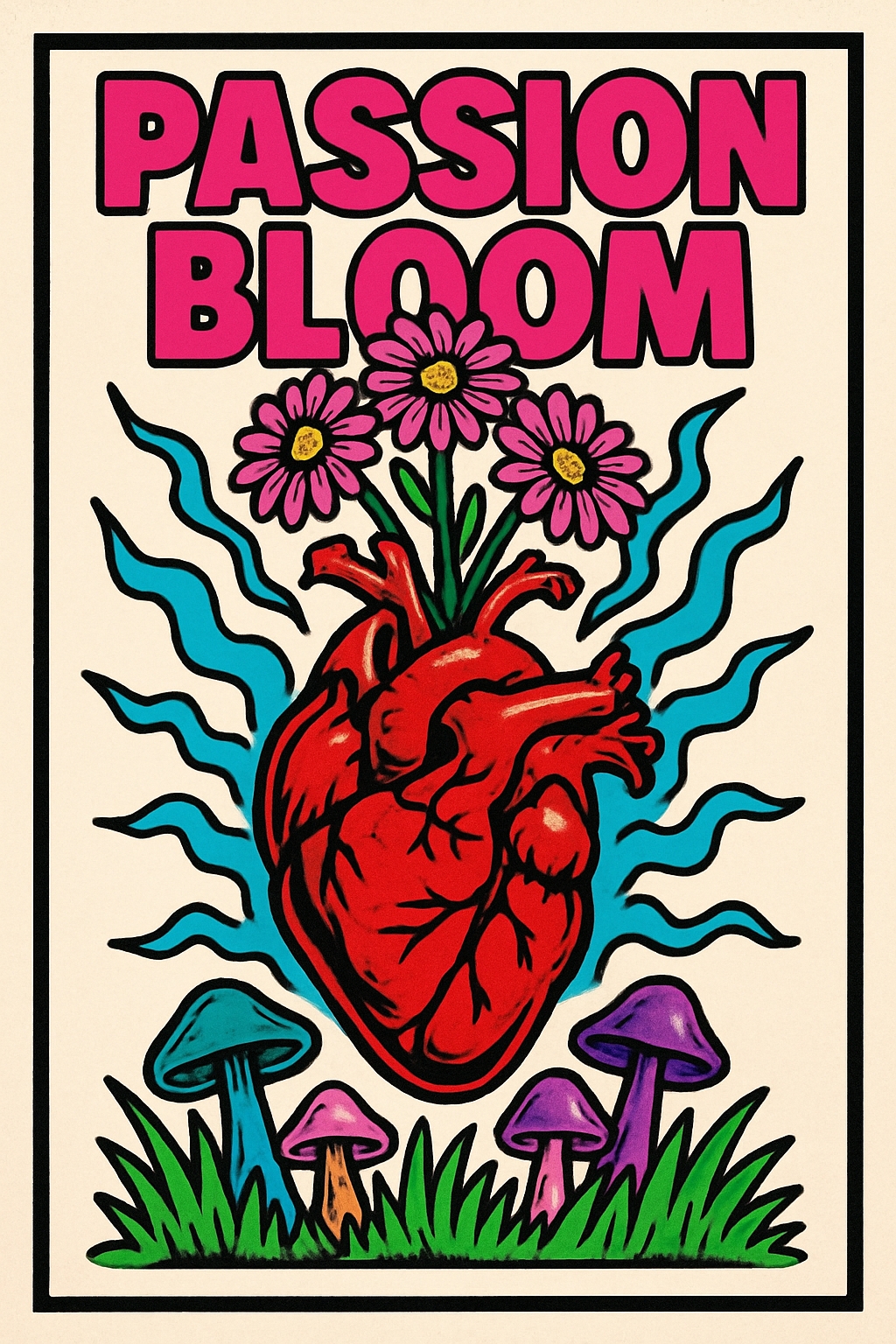 Vibrant Psychedelic Passion Bloom Heart and Flower Poster