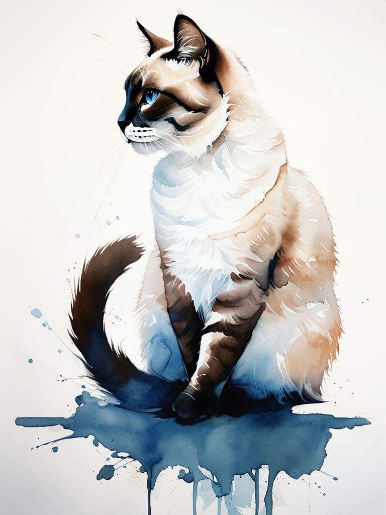 Serene Watercolor Cat with Blue Accents Art