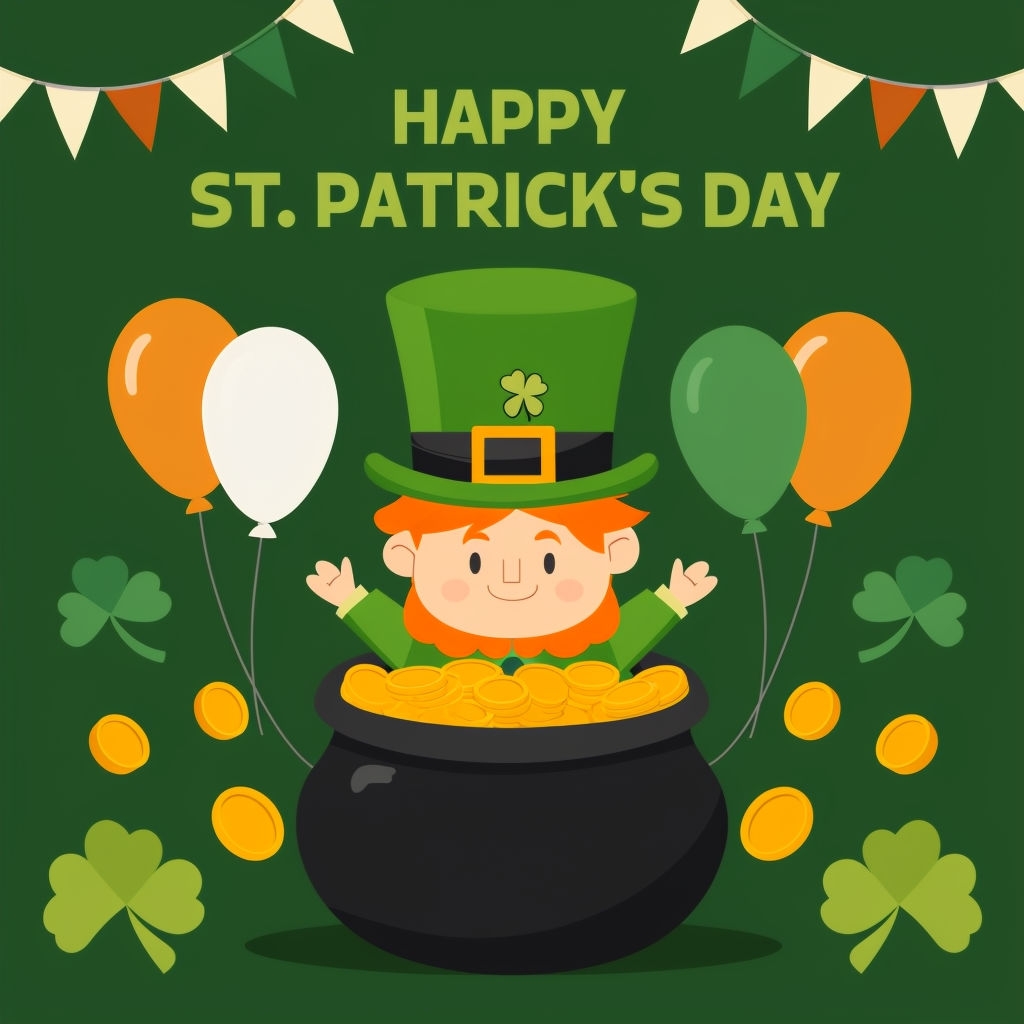 Cheerful Leprechaun in Pot of Gold St. Patrick's Day Illustration Social Media Post