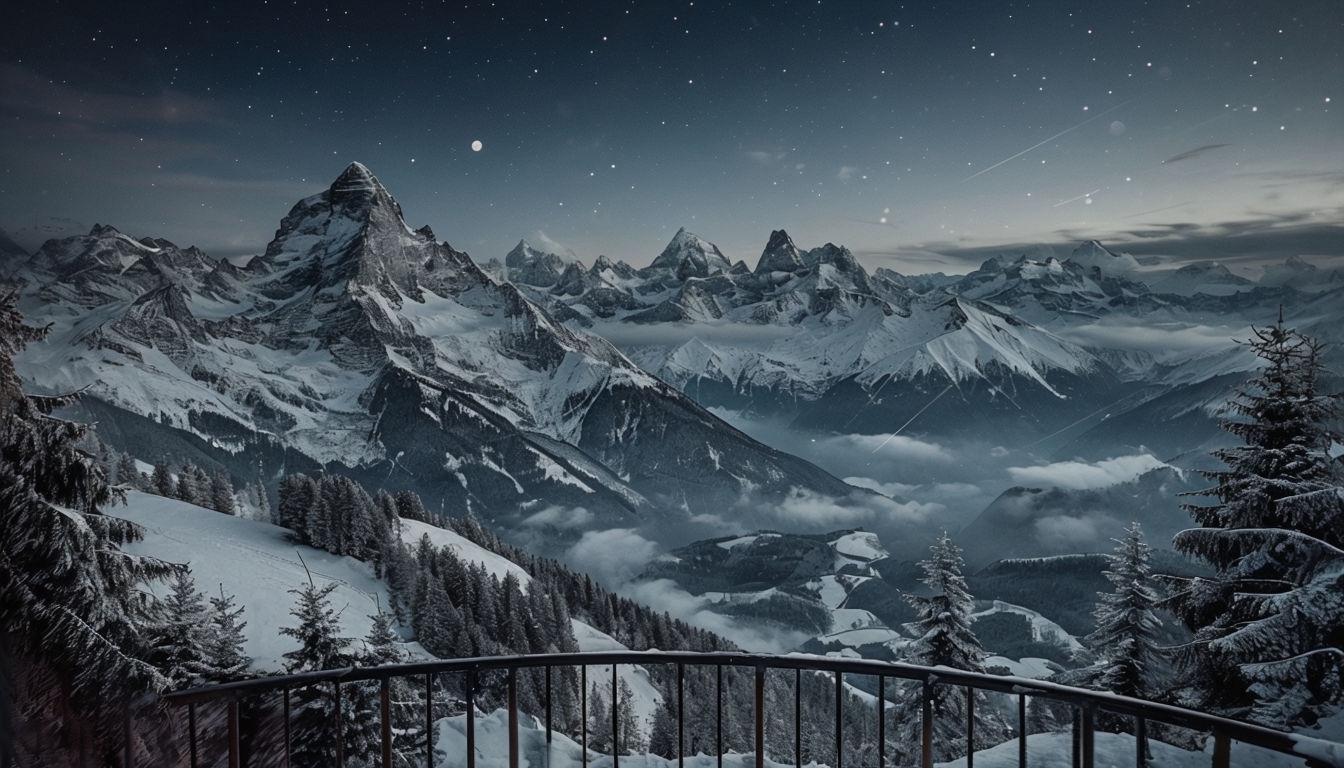 Serene Winter Mountain Landscape with Night Sky Virtual Background